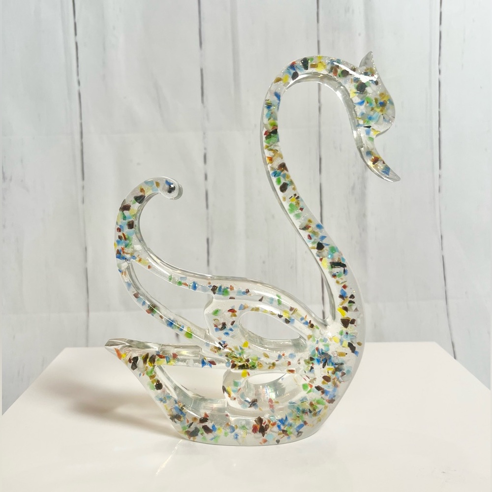 Handmade Vintage-Style Resin Swan Figurine | Colorful Inclusions & Glitter - Picture 1 of 8